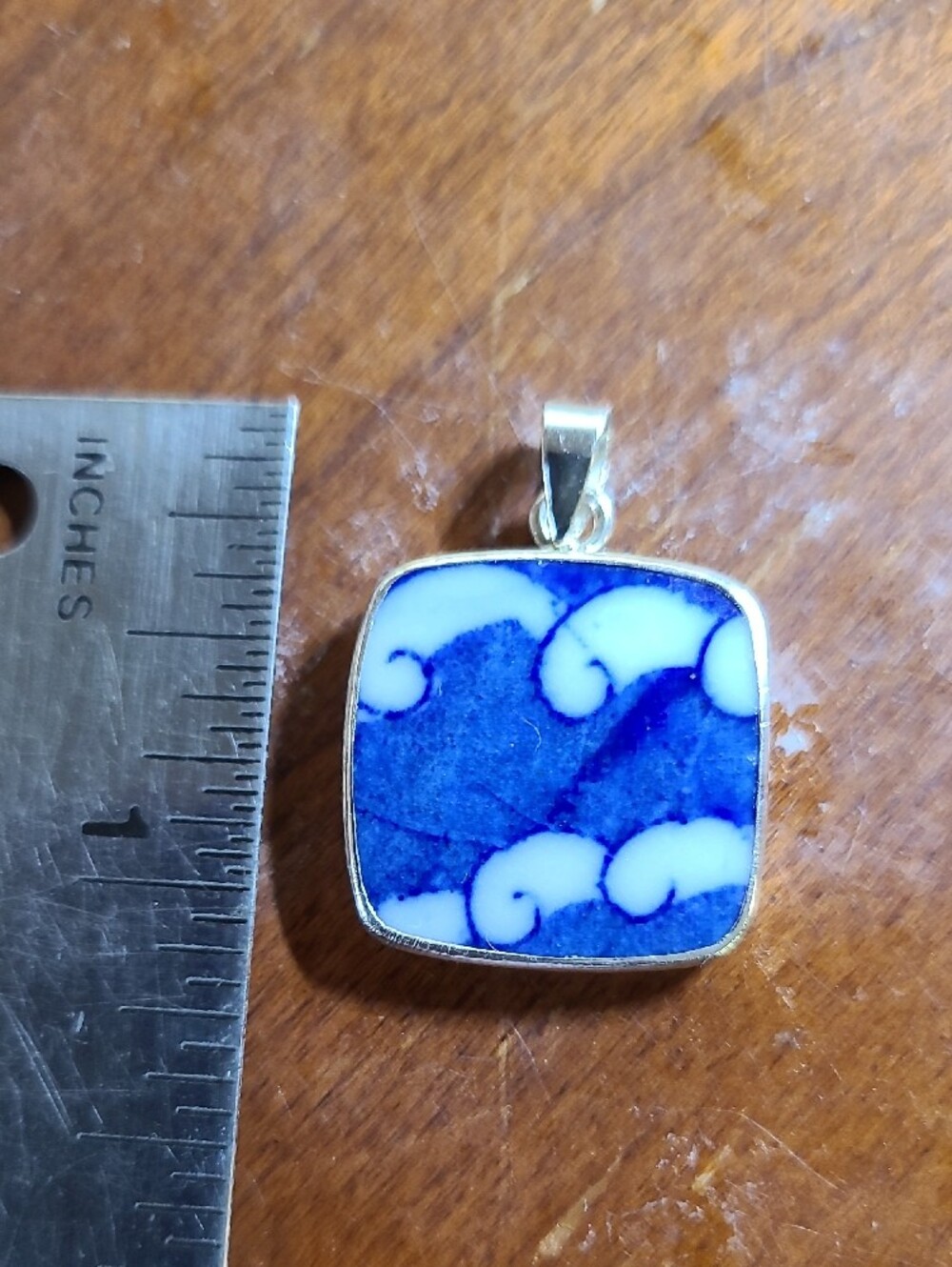 Sterling Silver Blue Wave Ceramic Square Pendant Necklace - Women Jewelry - Picture 4 of 5